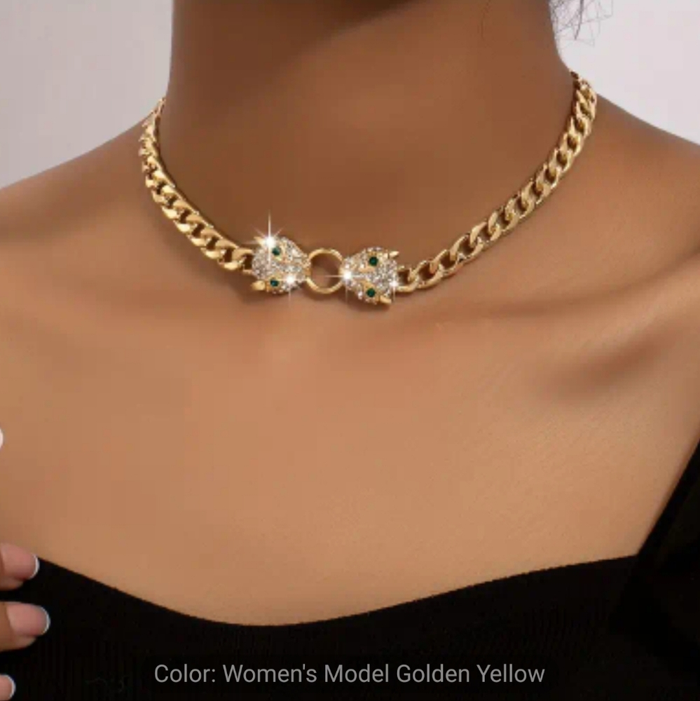 🐆🐆NEW🐆🐆 GORGEOUS!! Trendy Leopard Bite Ring Chain Link Necklace in GOLD